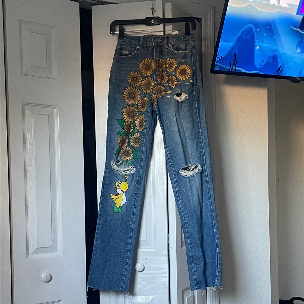 Garage Blue Jeans with Sunflower and Cartoon Design